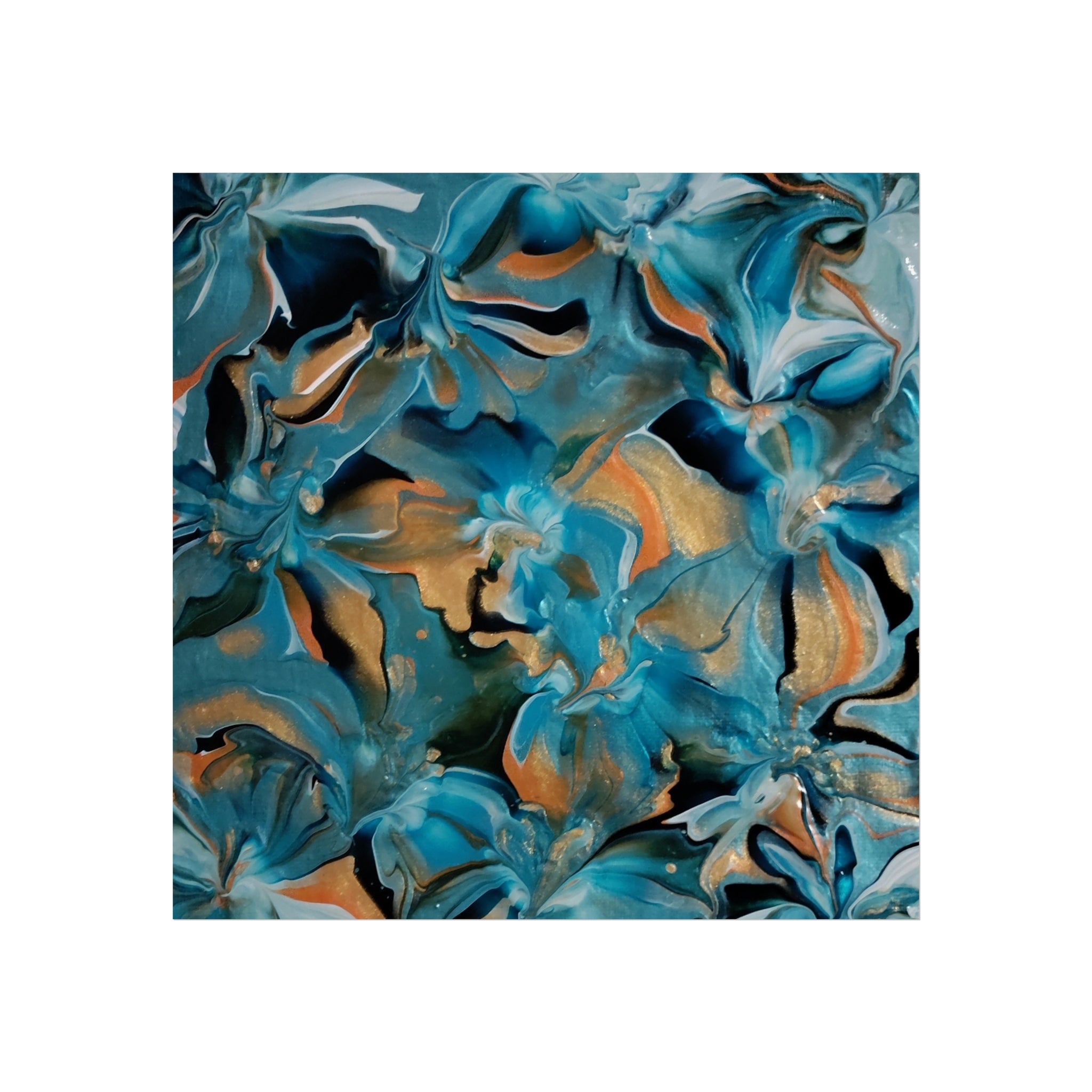 Blue Lagoon — Teal & Copper Abstract Floral Fluid Art Print