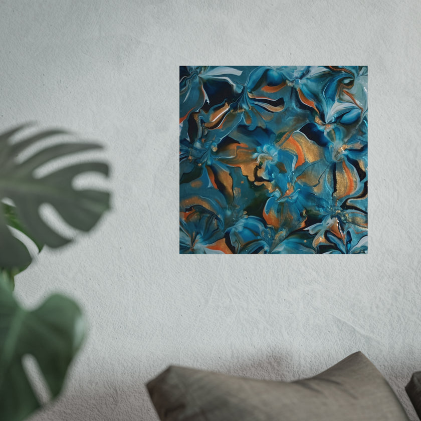 Blue Lagoon — Teal & Copper Abstract Floral Fluid Art Print