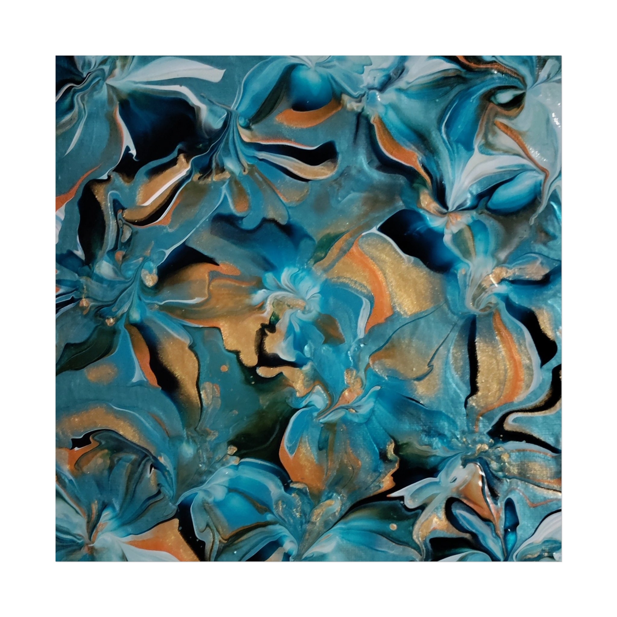 Blue Lagoon — Teal & Copper Abstract Floral Fluid Art Print