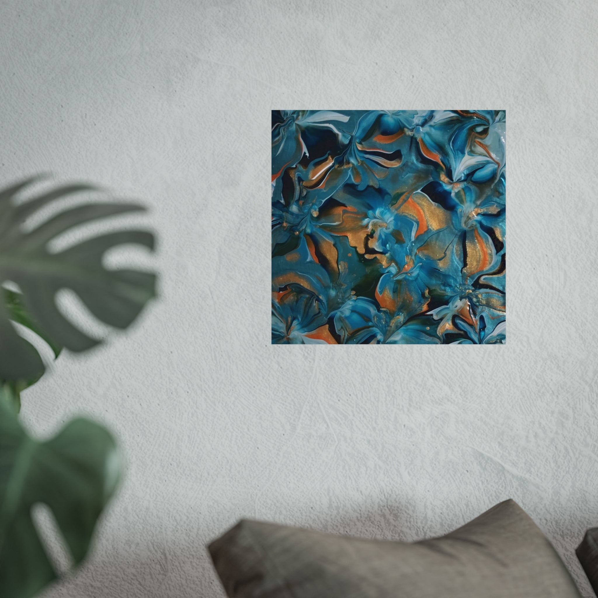 Blue Lagoon — Teal & Copper Abstract Floral Fluid Art Print